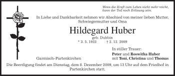 Traueranzeige von Hildegard Huber von MERKUR & TZ