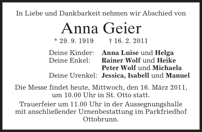 Traueranzeigen von Anna Geier | trauer.merkur.de