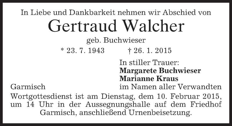  Traueranzeige für Gertraud Walcher vom 07.02.2015 aus Münchener Merkur