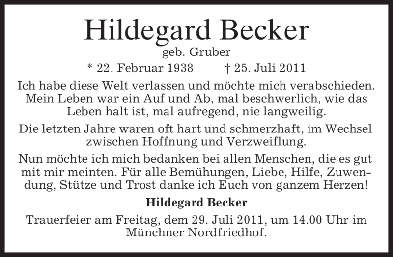 Traueranzeigen Von Hildegard Becker | Trauer.merkur.de