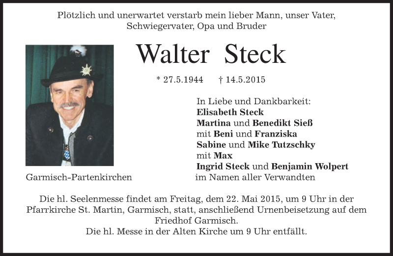 Traueranzeige für Walter Steck vom 19.05.2015 aus merkurtz