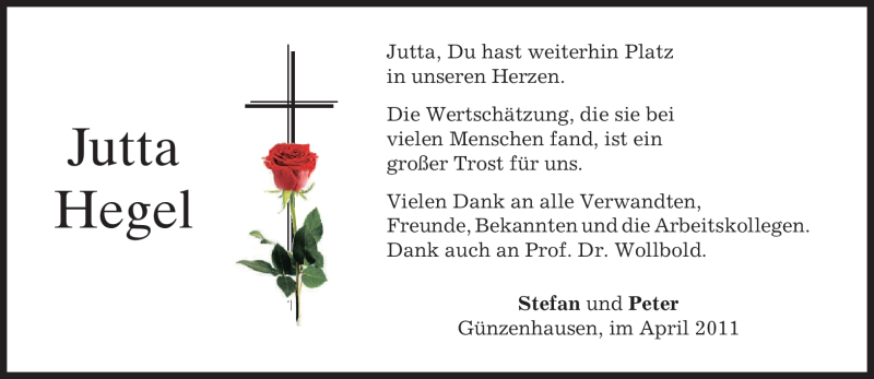  Traueranzeige für Jutta Hegel vom 16.04.2011 aus MERKUR & TZ
