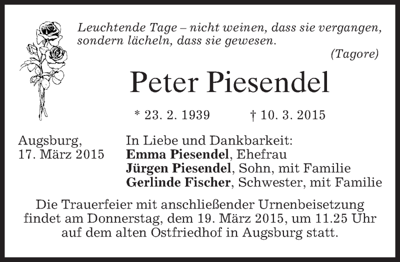  Traueranzeige für Peter Piesendel vom 17.03.2015 aus merkurtz
