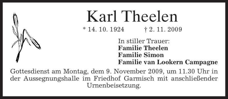  Traueranzeige für Karl Theelen vom 05.11.2009 aus MERKUR & TZ