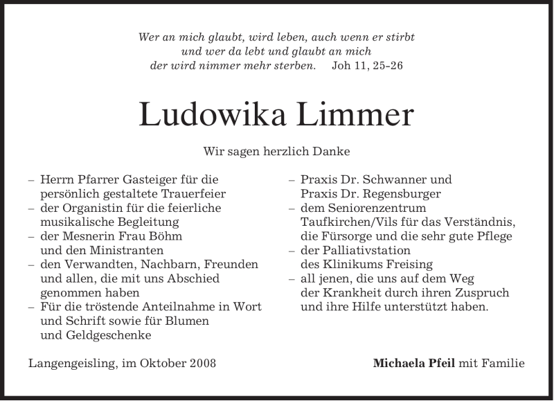  Traueranzeige für Ludowika Limmer vom 25.10.2008 aus MERKUR & TZ