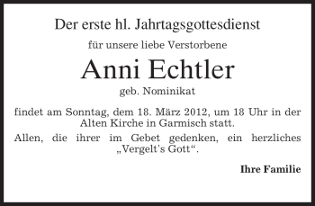 Traueranzeige von Anni Echtler von MERKUR & TZ