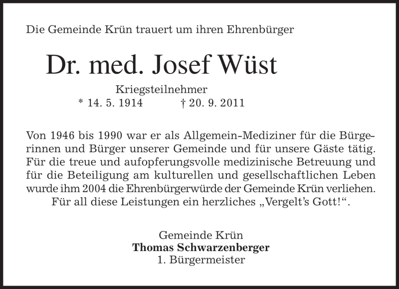  Traueranzeige für Josef Wüst vom 24.09.2011 aus MERKUR & TZ