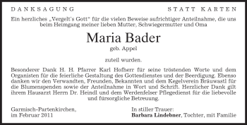 Traueranzeige von Maria Bader von MERKUR & TZ