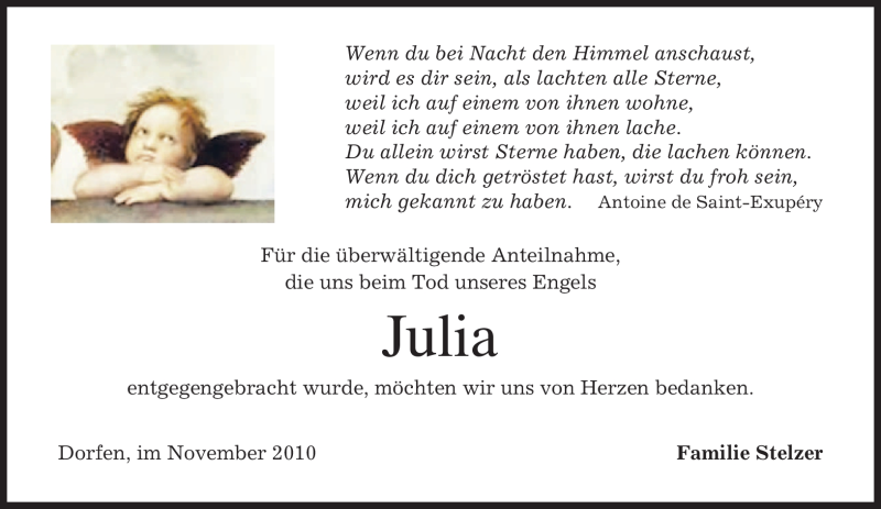  Traueranzeige für Julia Stelzer vom 13.11.2010 aus MERKUR & TZ