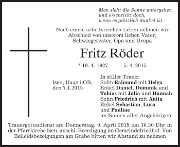 Traueranzeige von Fritz Röder von merkurtz