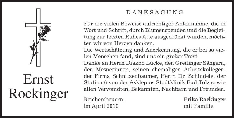  Traueranzeige für Ernst Rockinger vom 03.04.2010 aus MERKUR & TZ