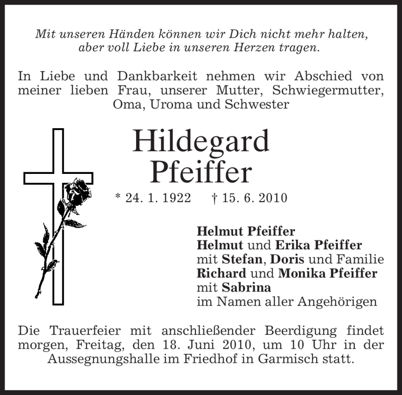 Traueranzeige für Hildegard Pfeiffer vom 17.06.2010 aus MERKUR & TZ