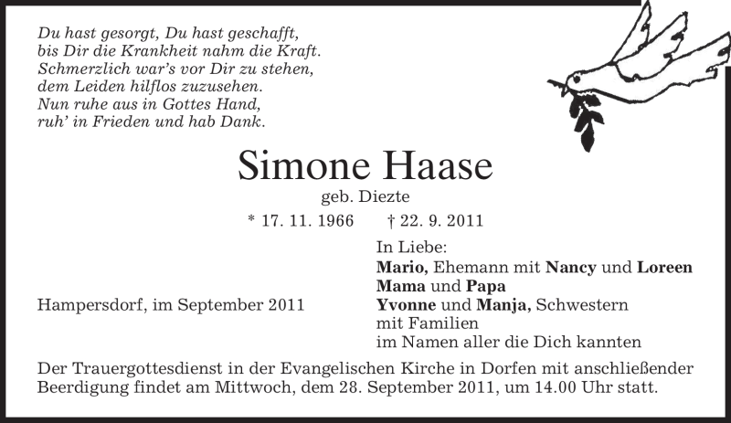  Traueranzeige für Simone Haase vom 27.09.2011 aus MERKUR & TZ