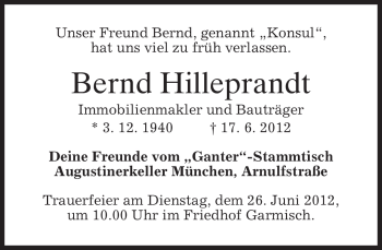 Traueranzeige von Bernd Hilleprandt von MERKUR & TZ