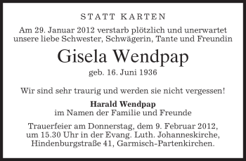 Traueranzeige von Gisela Wendpap von MERKUR & TZ