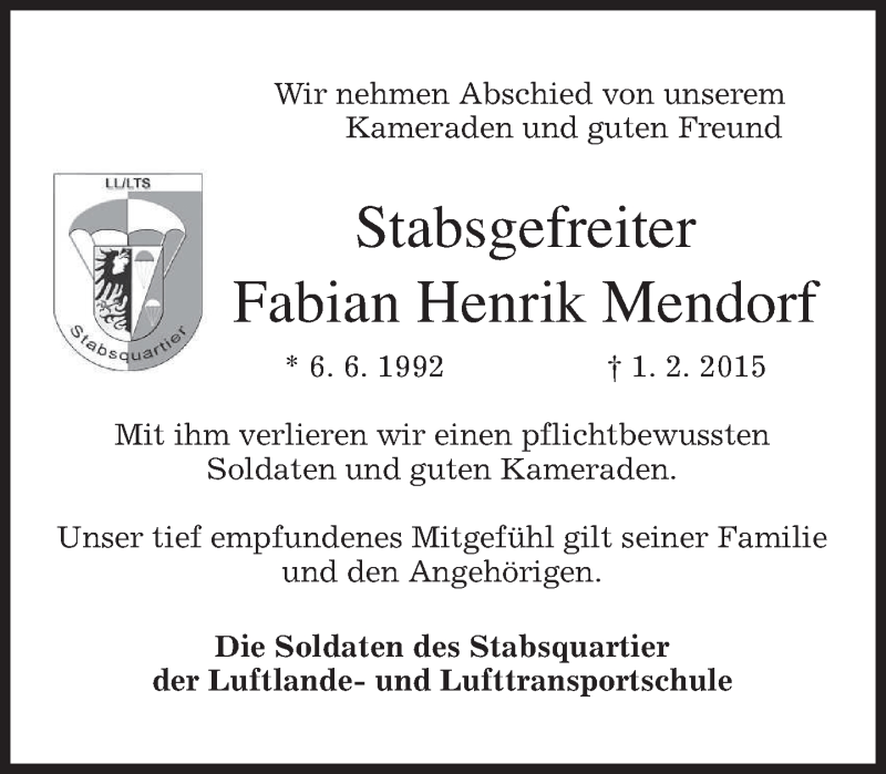  Traueranzeige für Fabian Henrik Mendorf vom 06.02.2015 aus merkurtz