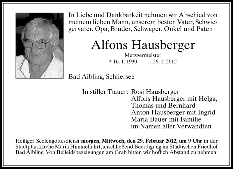  Traueranzeige für Alfons Hausberger vom 28.02.2012 aus MERKUR & TZ