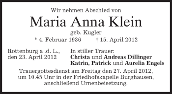 Traueranzeige von Maria Anna Klein von MERKUR & TZ