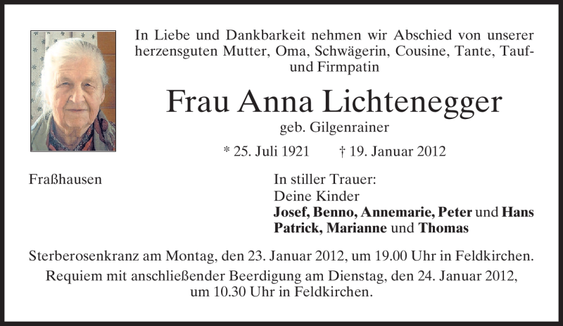  Traueranzeige für Anna Lichtenegger vom 21.01.2012 aus MERKUR & TZ