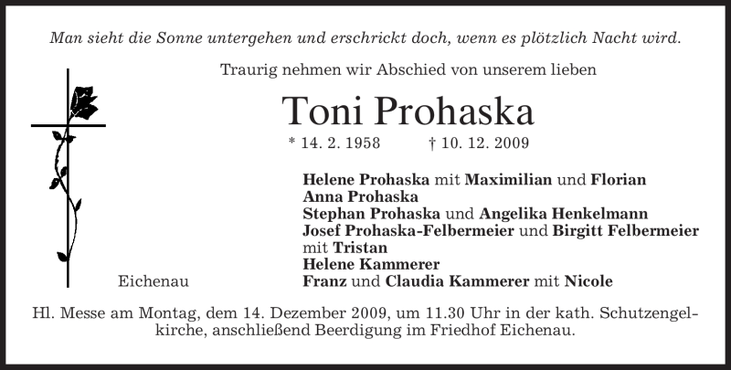  Traueranzeige für Toni Prohaska vom 12.12.2009 aus MERKUR & TZ