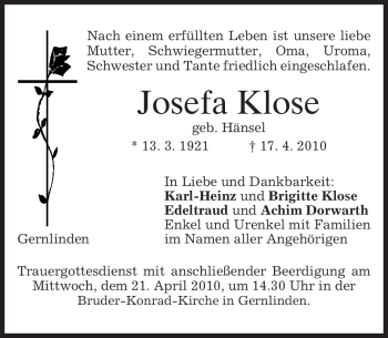 Traueranzeige von Josefa Klose von MERKUR & TZ