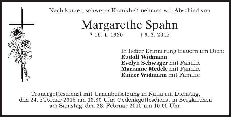  Traueranzeige für Margarethe Spahn vom 14.02.2015 aus merkurtz