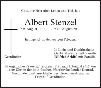 Traueranzeige von Albert Stenzel von MERKUR & TZ
