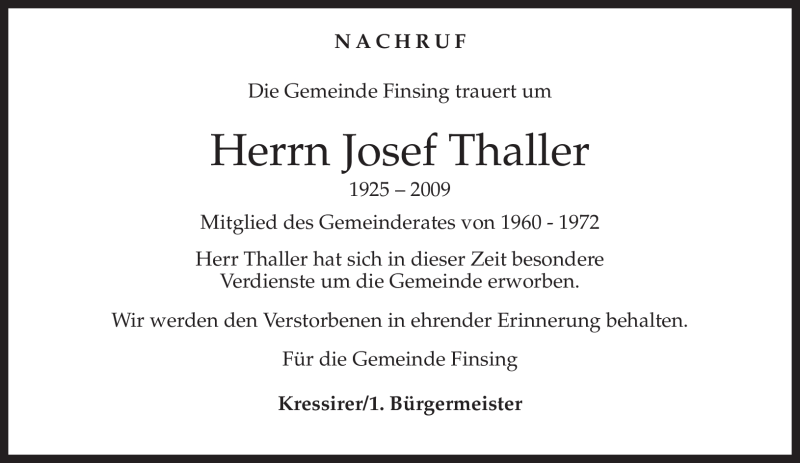  Traueranzeige für Josef Thaller vom 22.12.2009 aus MERKUR & TZ