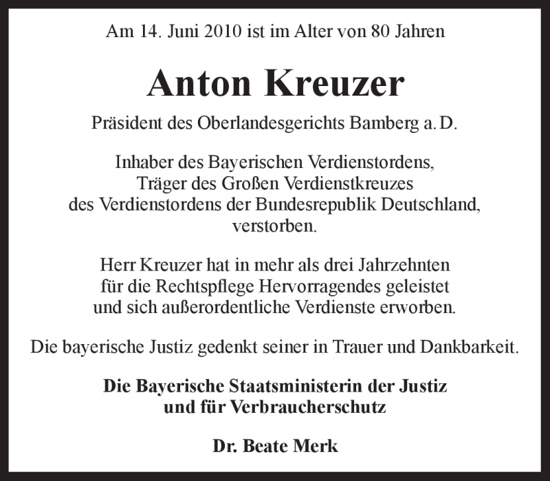  Traueranzeige für Anton Maximilian Kreuzer vom 17.06.2010 aus MERKUR & TZ