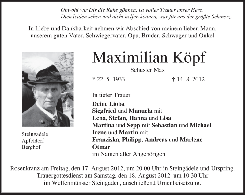  Traueranzeige für Maximilian Köpf vom 16.08.2012 aus MERKUR & TZ