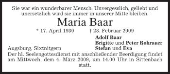 Traueranzeige von Maria Baar von MERKUR & TZ