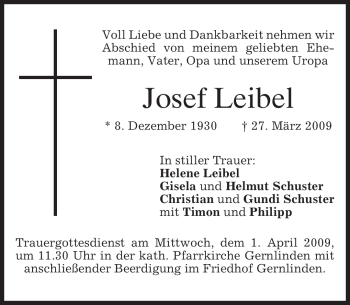 Traueranzeige von Josef Leibel von MERKUR & TZ
