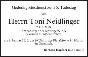 Traueranzeige von Toni Neidlinger von MERKUR & TZ