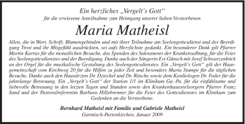 Traueranzeige von Maria Matheisl von MERKUR & TZ