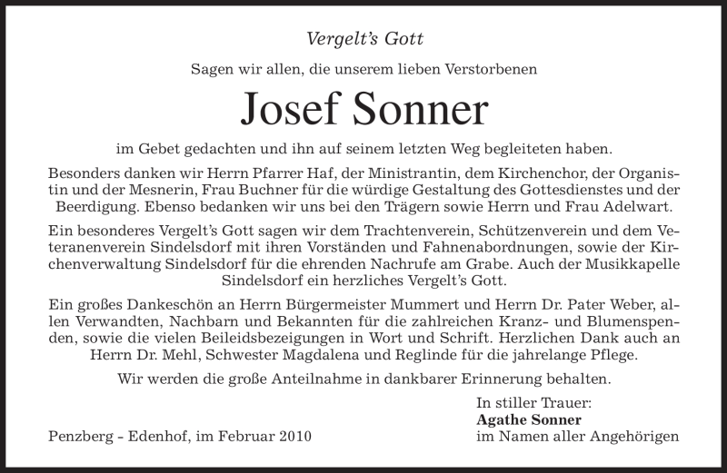  Traueranzeige für Josef Sonner vom 20.02.2010 aus MERKUR & TZ