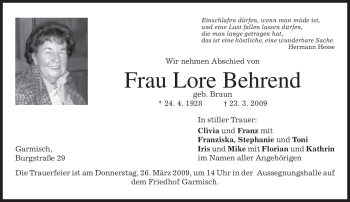Traueranzeige von Lore Behrend von MERKUR & TZ