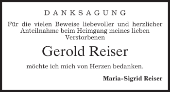 Traueranzeige von Gerold Reiser von MERKUR & TZ