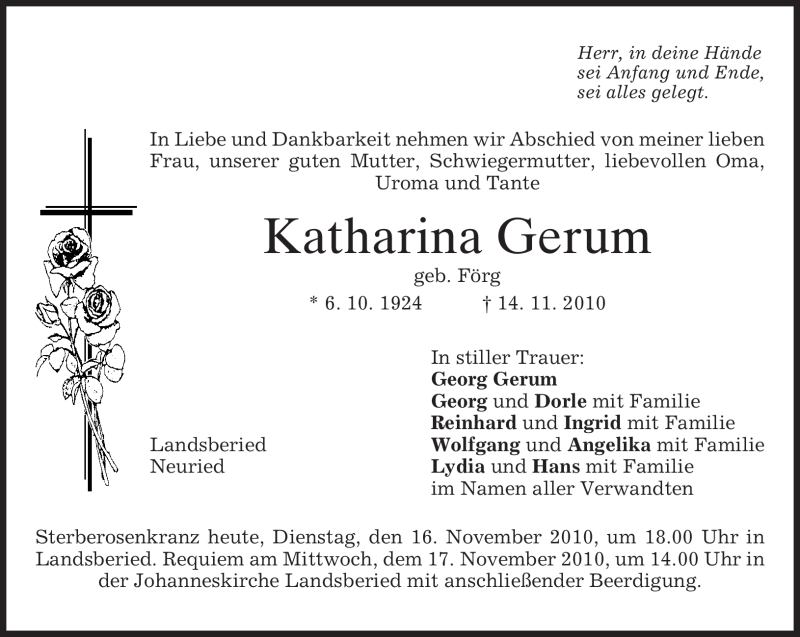  Traueranzeige für Katharina Gerum vom 16.11.2010 aus MERKUR & TZ