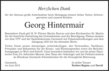 Traueranzeige von Georg Hintermair von MERKUR & TZ