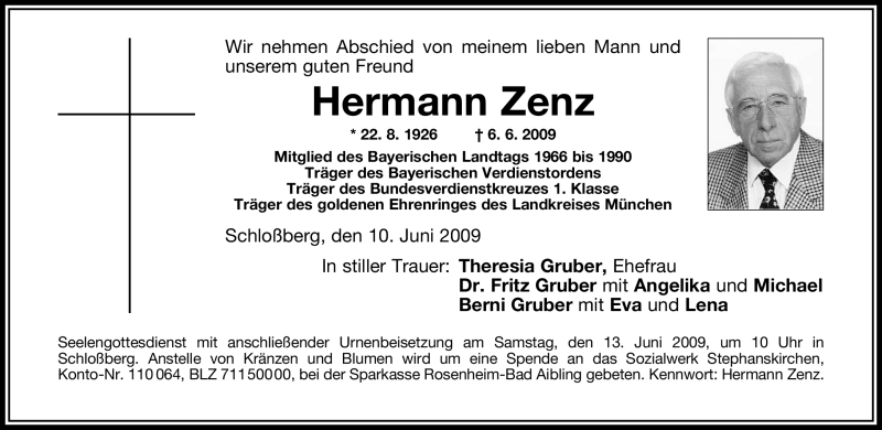  Traueranzeige für Hermann Zenz vom 10.06.2009 aus MERKUR & TZ