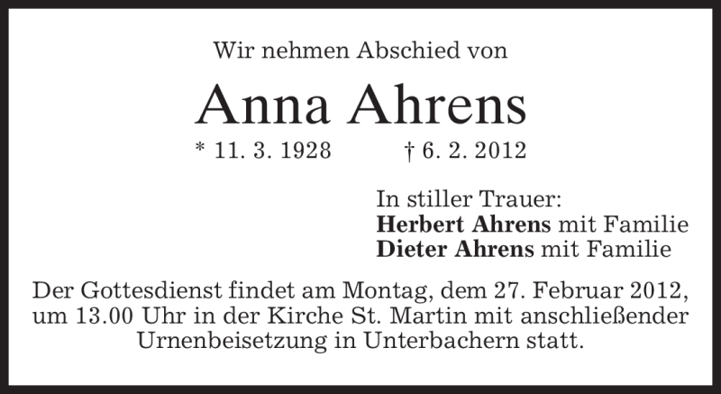  Traueranzeige für Anna Ahrens vom 25.02.2012 aus MERKUR & TZ