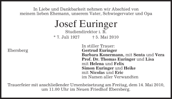 Traueranzeige von Josef Euringer von MERKUR & TZ