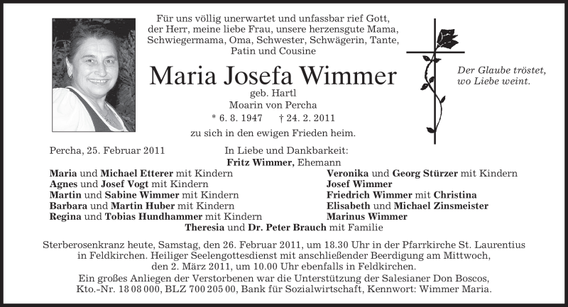  Traueranzeige für Maria Josefa Wimmer vom 26.02.2011 aus MERKUR & TZ