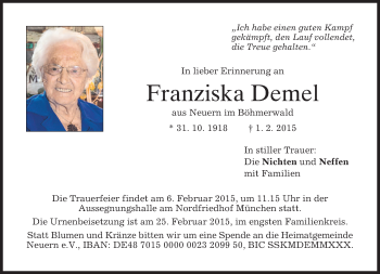 Traueranzeigen von Franziska Demel | trauer.merkur.de