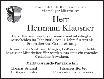 Traueranzeige von Hermann Klausner von MERKUR & TZ