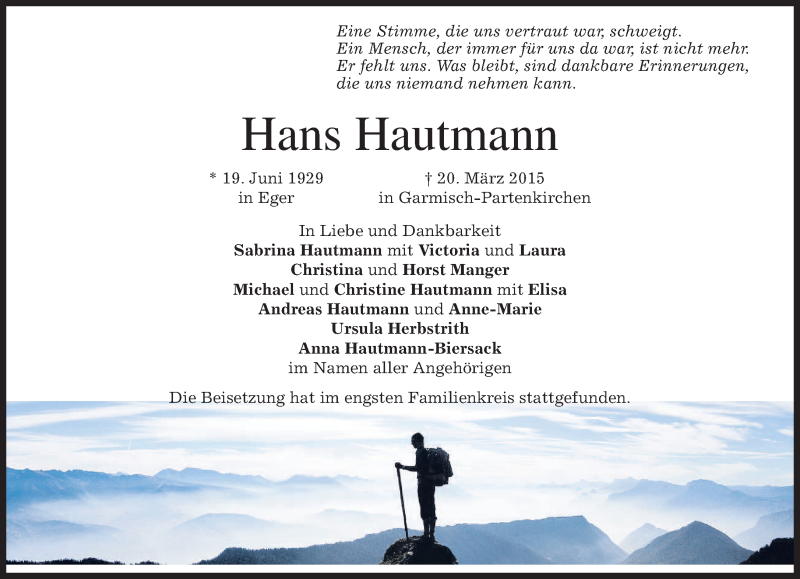  Traueranzeige für Hans Hautmann vom 28.03.2015 aus merkurtz