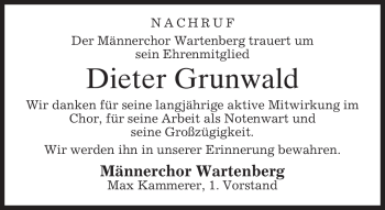 Traueranzeige von Dieter Grunwald von MERKUR & TZ