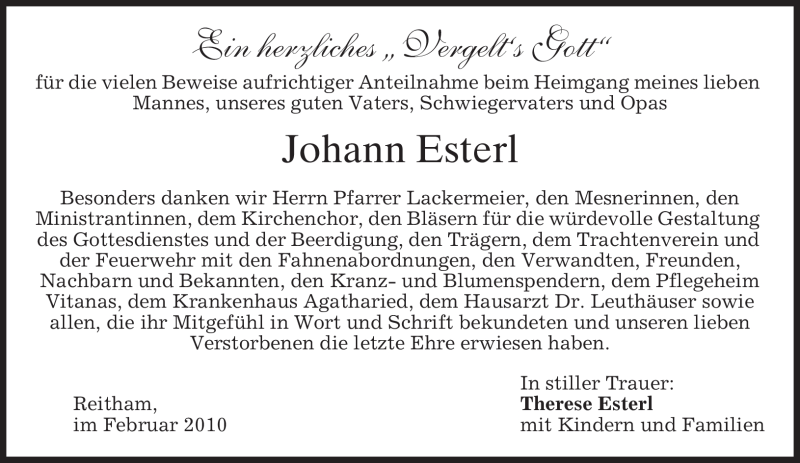  Traueranzeige für Johann Esterl vom 20.02.2010 aus MERKUR & TZ
