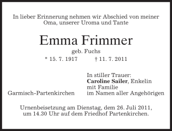 Traueranzeige von Emma Frimmer von MERKUR & TZ