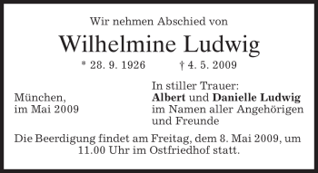 Traueranzeige von Wilhelmine Ludwig von MERKUR & TZ